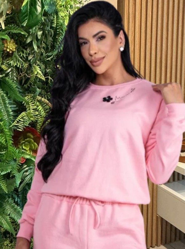 BLUSA MOLETOM FLOR MARANATA -ROSA BEBÊ
