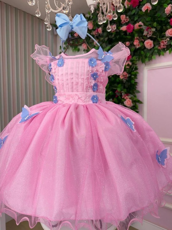 Vestido Fantasia Luxo – Jardim Encantado - Rosa C/Borboletas Azuis 