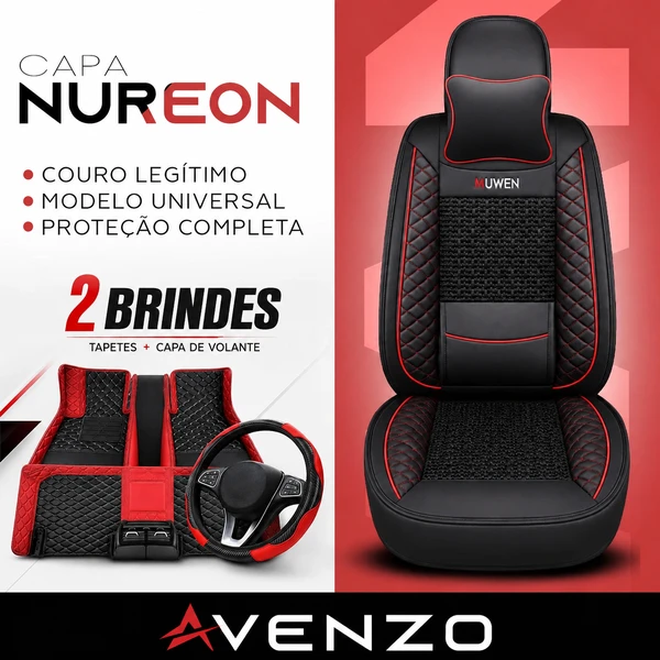 Kit Completo de Capas para Banco de Carro Nureon em Couro Legítimo Universal 5 Lugares Com Airbag + Tapetes e Capa de Volante