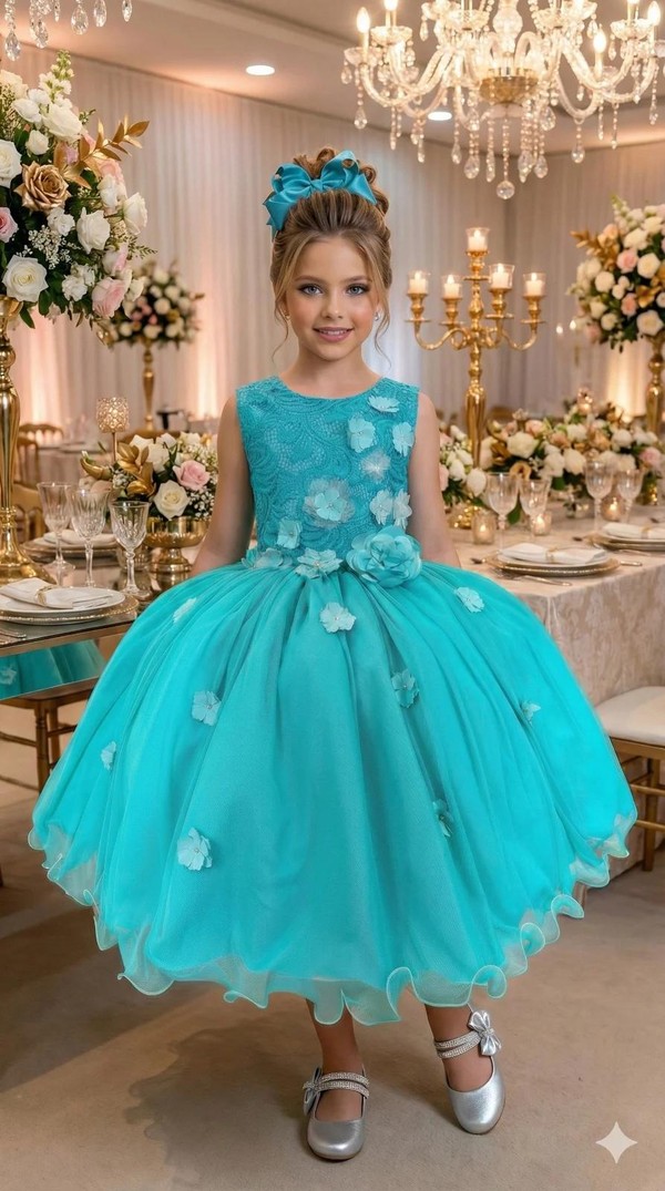 Vestido Luxo Bordado Floral - Verde Tiffany 