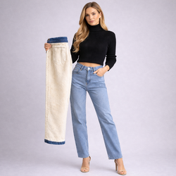 Calça Jeans Wide Leg Feminina Peluciada + Meia Térmica