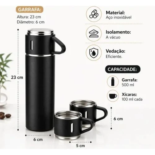 Garrafa Térmica 500ml em Aço Inoxidável com 3 Xícaras