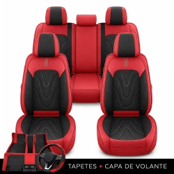 Kit Completo de Capas para Banco de Carro Aureon em Couro Legítimo Universal 5 Lugares Com Airbag + Tapetes e Capa de Volante
