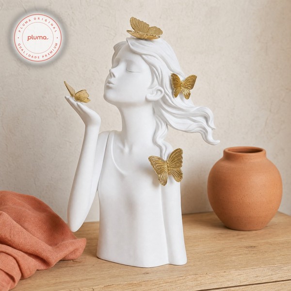 Escultura Decorativa de Poliresina Menina Branco e Dourado 31x17,5x15,5cm