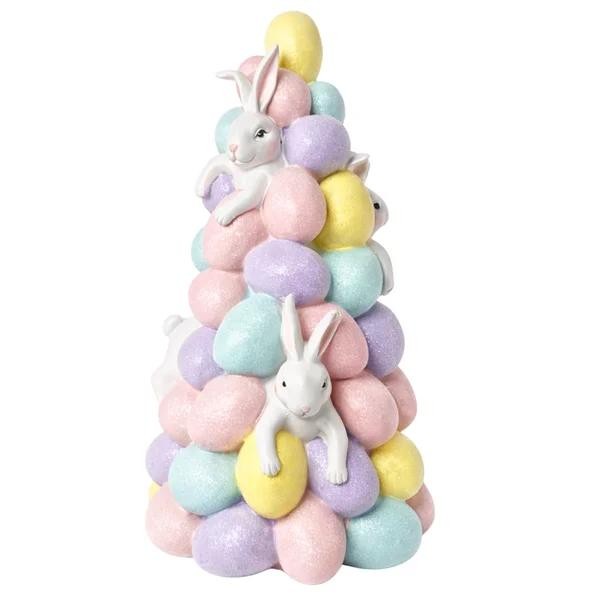 Torre c/ Coelhos e Ovos Decorativo em Resina - 28 cm