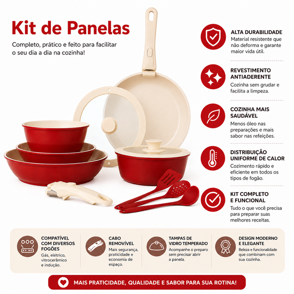 Kit Panelas  Antiaderente com Cabo Removível e Acessórios Ve