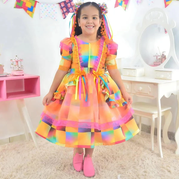 Vestido Festa Junina Xadrez  + Saia de Armação + 2 Laços