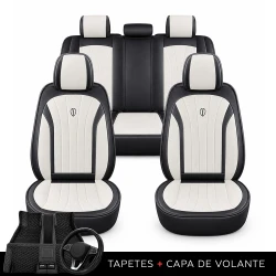 Kit Completo de Capas para Banco de Carro Protecar em Couro Legítimo Universal 5 Lugares Com Airbag + Tapetes e Capa de Volante
