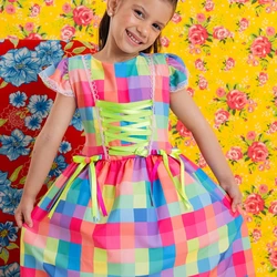 Vestido Junino - Xadrez Cores do Arco-íris 