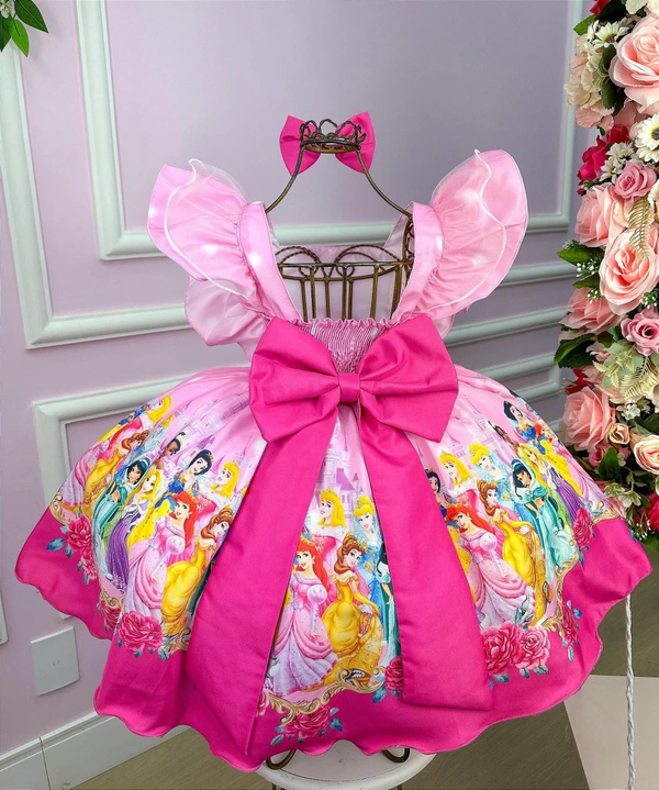 Vestido Temático Estampado - Princesas - Rosa 