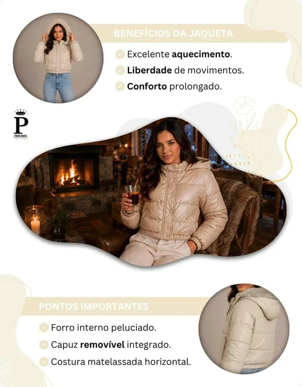 Jaqueta Puffer Feminina De Couro Forrada com Pelinho